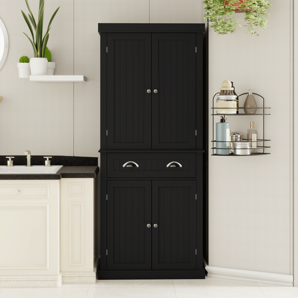 Elegant 71-Inch Kitchen Pantry Storage Cabinet With Adjustable Shelves, Drawer, And 4 Doors For Dining Room And Laundry - Black Finish