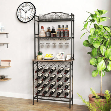 Industrial 3-Tier Wine Rack Bar Table With Glass Holder And Storage Shelves For Home Kitchen Dining Room Living Room