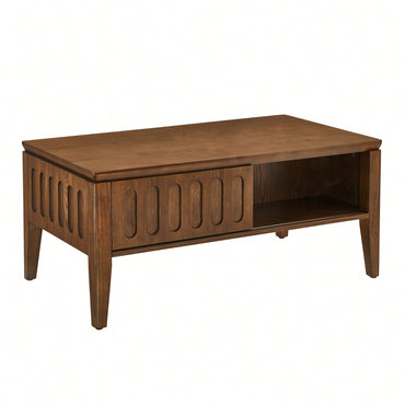 Mid Century Modern Fluted Coffee Table with Sliding Storage and Solid Wood Legs for Living Room or Office