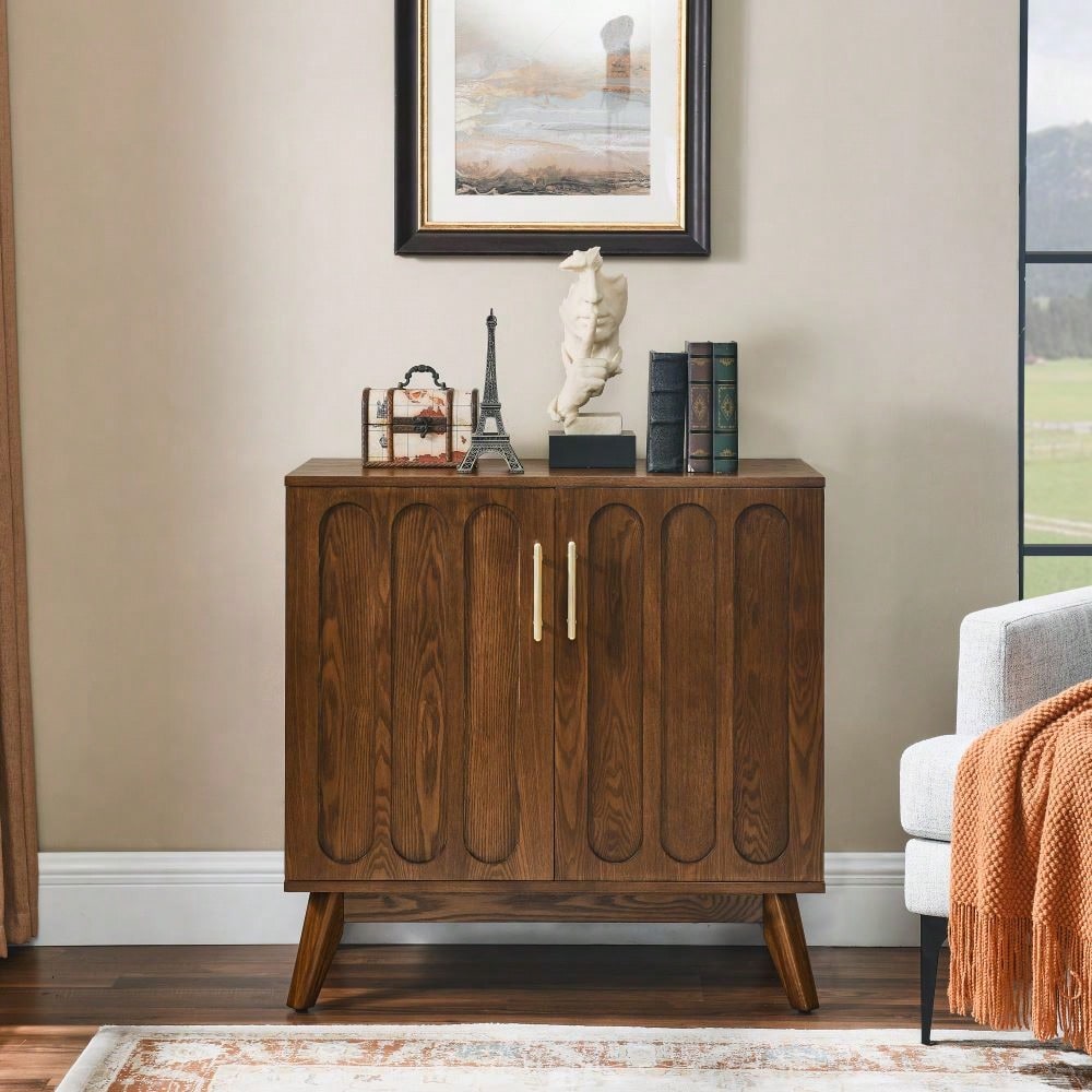 Mid Century Modern Fluted Sideboard Cabinet with Adjustable Shelves and Solid Wood Legs for Stylish Living Room and Dining Room Storage