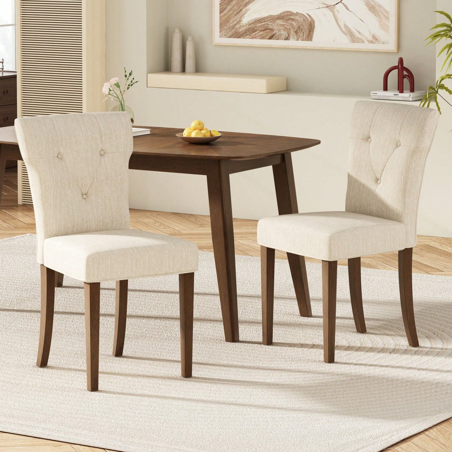 Cream Upholstered Dining Chairs Set Of 2 With Button-Tufted Design And Rubberwood Legs For Kitchen And Dining Room