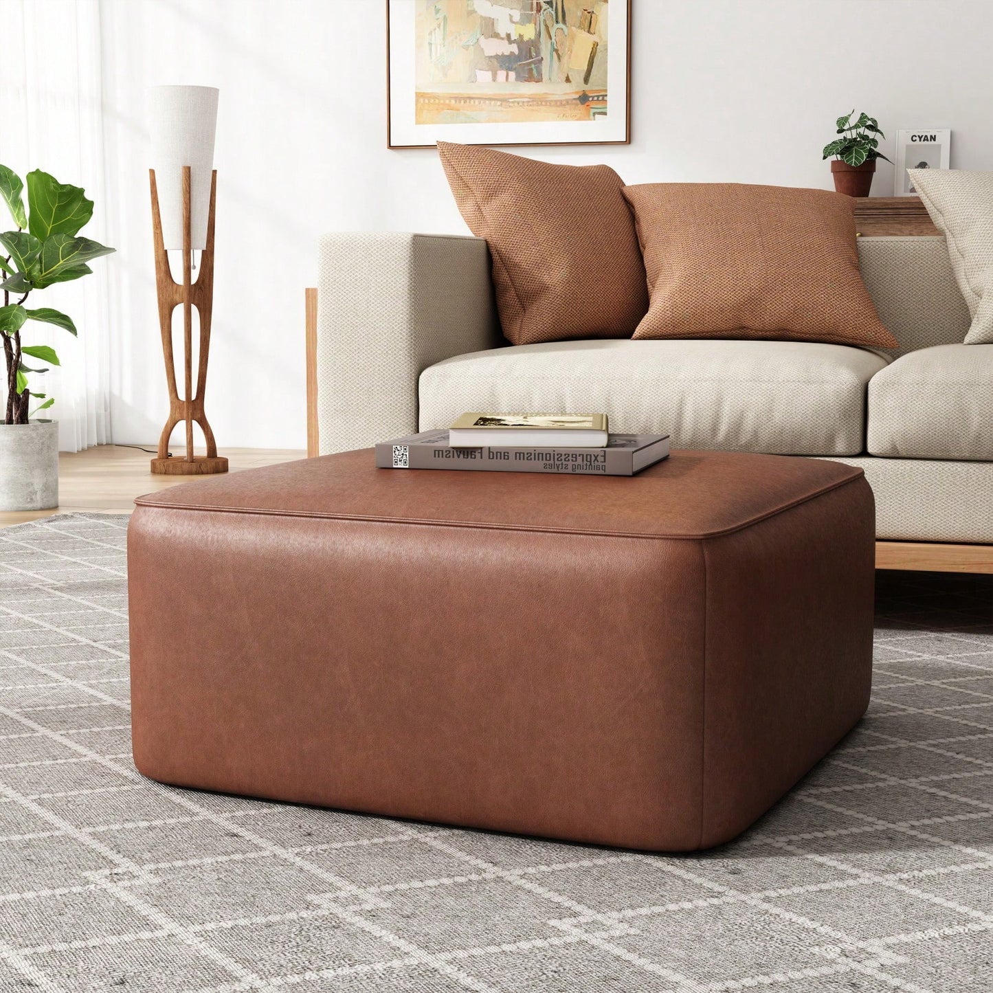 Faux Leather Sectional Sofa Ottoman With Dense Foam Padding And Pocket Coil Spring System For Modern Living Rooms