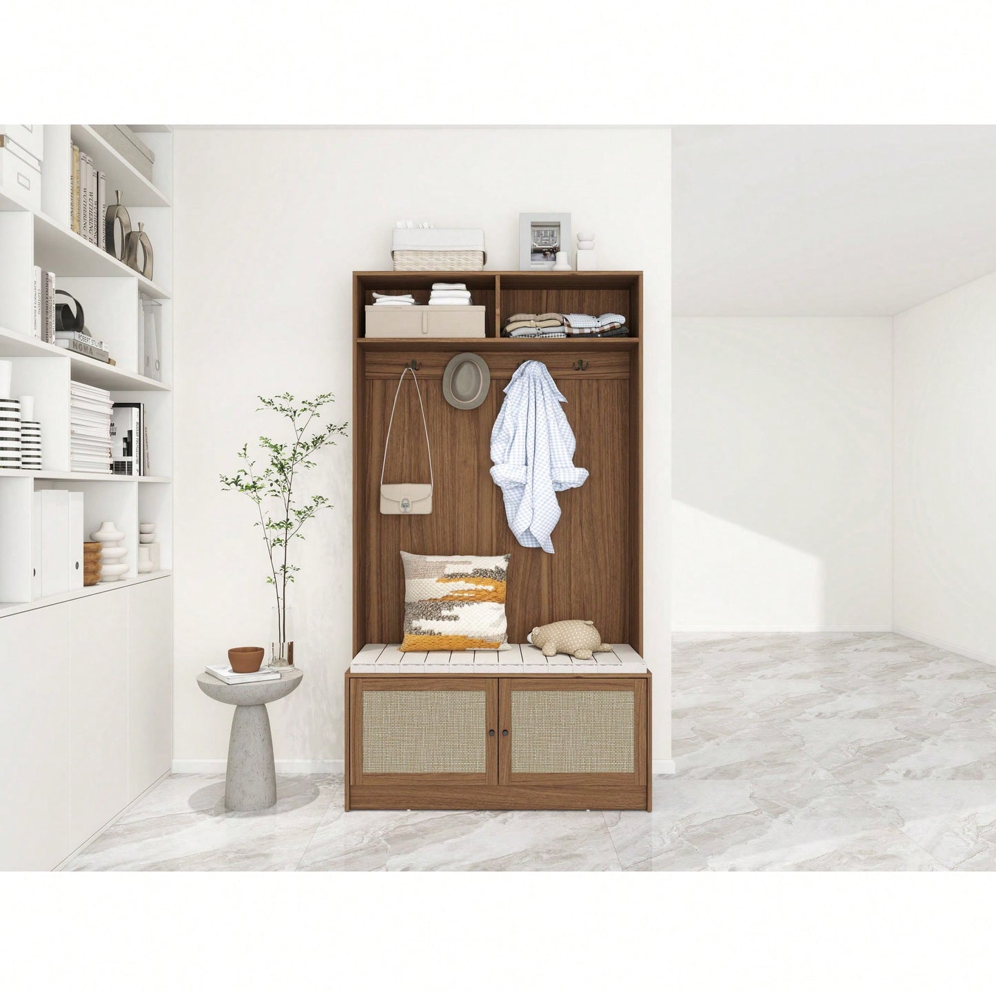 L-Shaped Anti-Dumping Closet With Hooks For Living Room, Entryway, Bedroom - Engineered Rattan Storage Solution With Soft Touch Handle