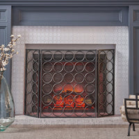 Modern Three Panel Iron Fireplace Screen With Circular Pattern In Black Silver