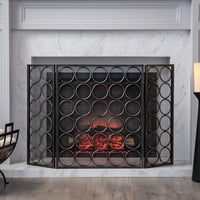 Modern Three Panel Iron Fireplace Screen With Circular Pattern In Black Silver