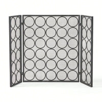 Modern Three Panel Iron Fireplace Screen With Circular Pattern In Black Silver