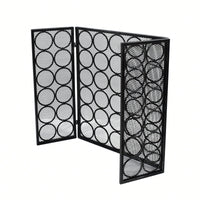 Modern Three Panel Iron Fireplace Screen With Circular Pattern In Black Silver