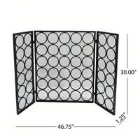 Modern Three Panel Iron Fireplace Screen With Circular Pattern In Black Silver