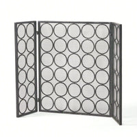 Modern Three Panel Iron Fireplace Screen With Circular Pattern In Black Silver