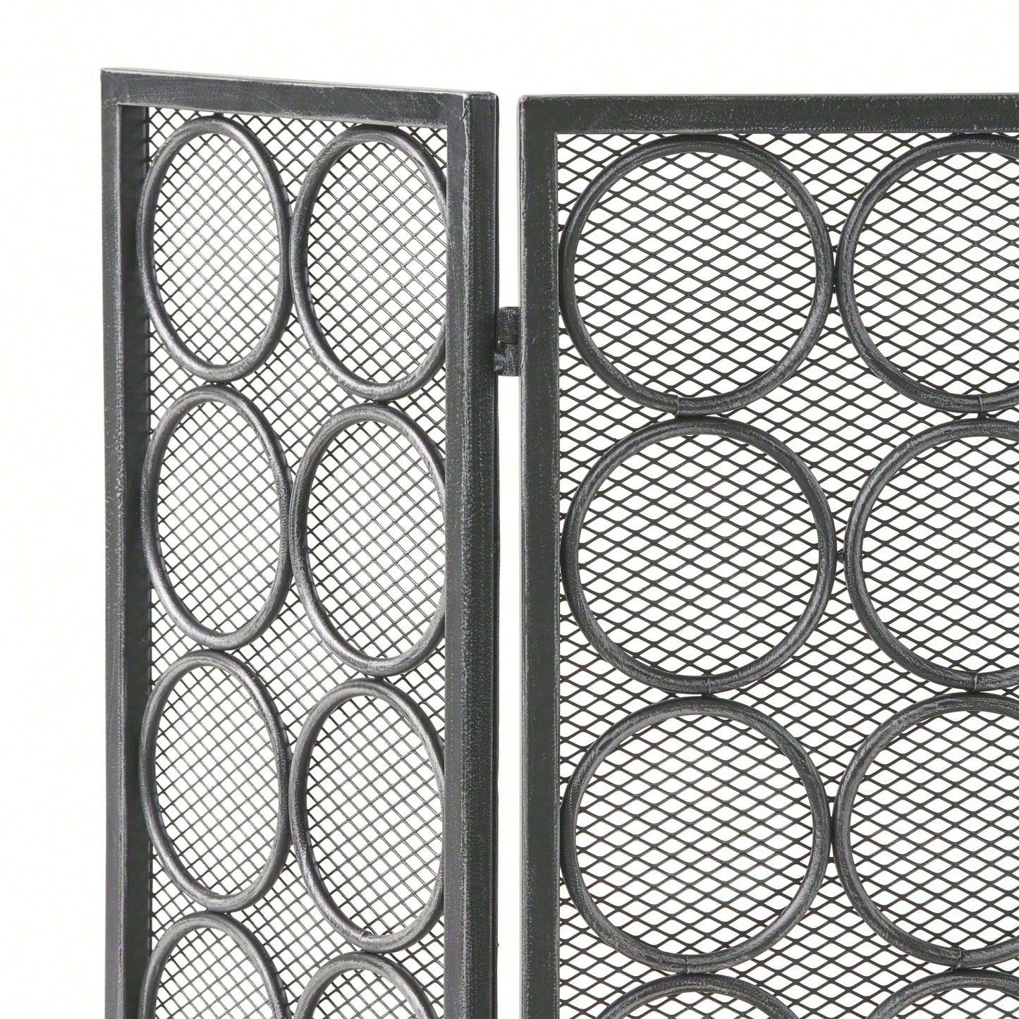 Modern Three Panel Iron Fireplace Screen With Circular Pattern In Black Silver