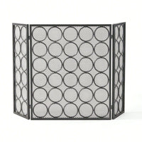 Modern Three Panel Iron Fireplace Screen With Circular Pattern In Black Silver