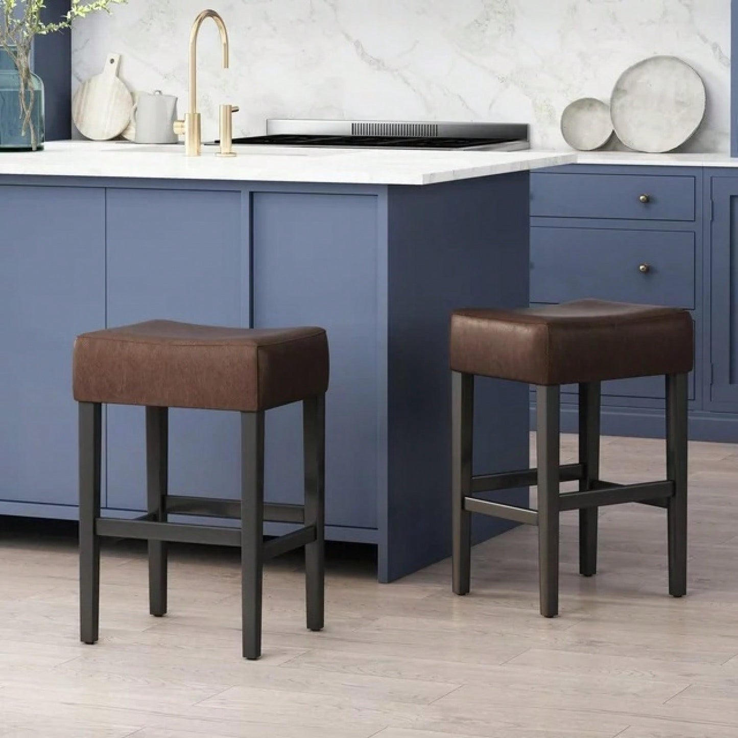 Set Of 2 Backless Brown Leather Counter Height Barstools For Kitchen And Living Room