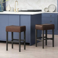 Set Of 2 Backless Brown Leather Counter Height Barstools For Kitchen And Living Room