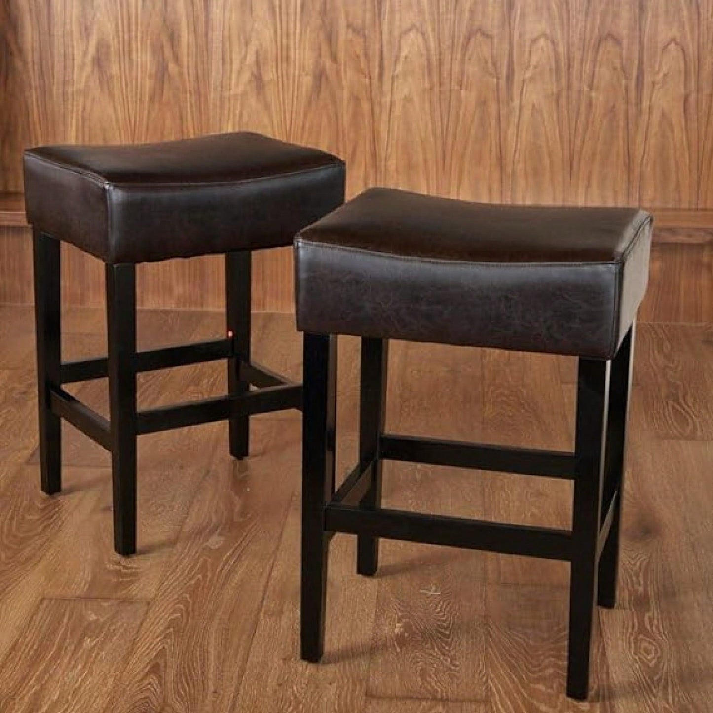 Set Of 2 Backless Brown Leather Counter Height Barstools For Kitchen And Living Room