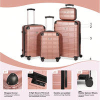 Lightweight Rose Gold Hardshell Luggage Set 4pcs with 360-Degree Spinner Wheels and TSA Lock  Suitcases for Travel 12 20 24 28 Inches