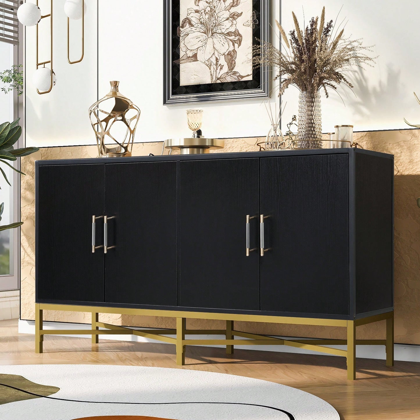 Four-Door Modern Sideboard With Metal Cross-Leg Design For Living Room, Entrance, And Study, Ample Storage And Easy Assembly