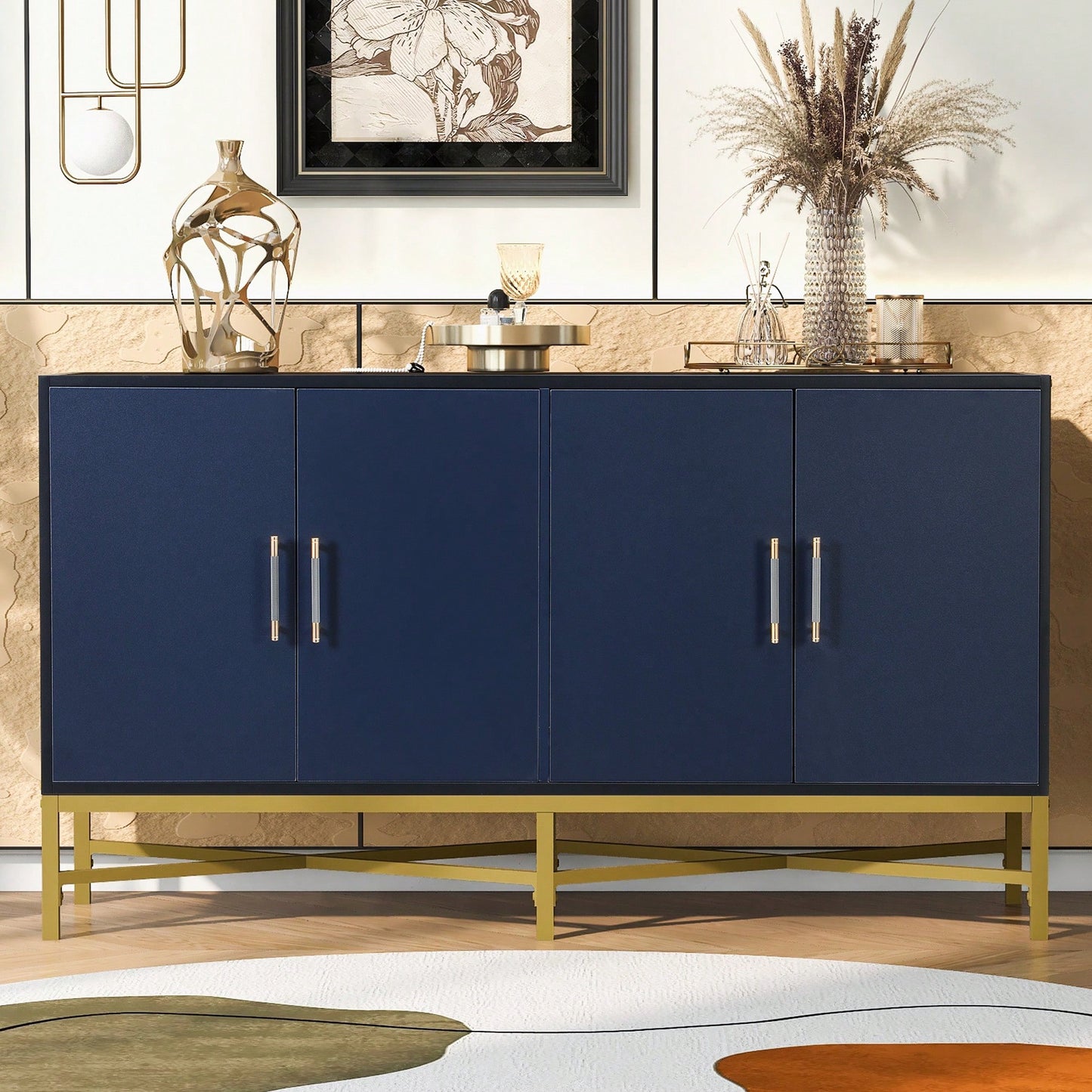 Four-Door Modern Sideboard With Metal Cross-Leg Design For Living Room, Entrance, And Study, Ample Storage And Easy Assembly