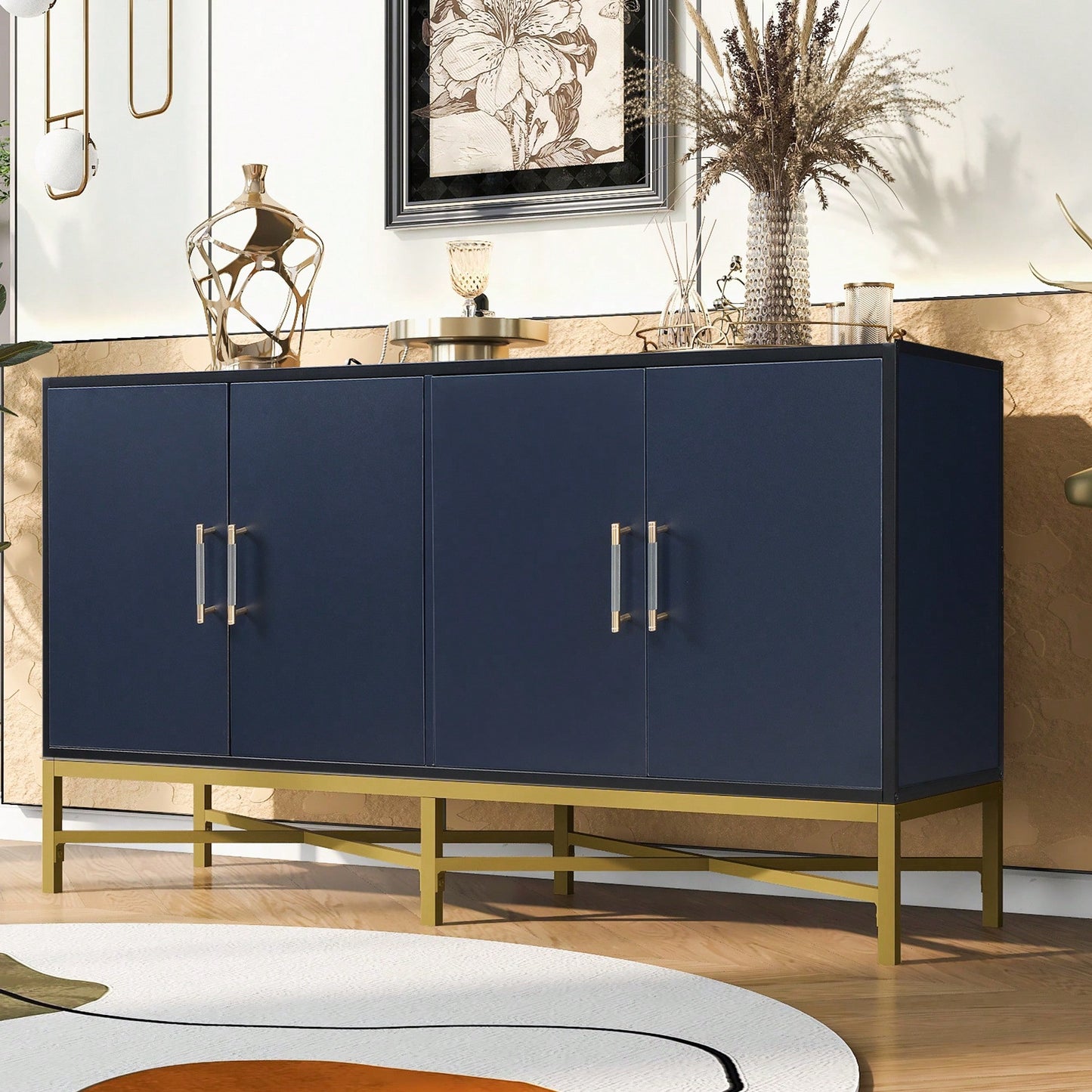 Four-Door Modern Sideboard With Metal Cross-Leg Design For Living Room, Entrance, And Study, Ample Storage And Easy Assembly