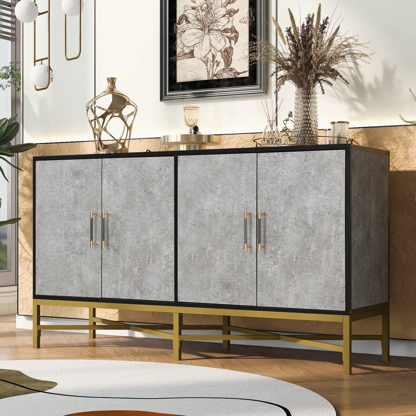 Four-Door Modern Sideboard With Metal Cross-Leg Design For Living Room, Entrance, And Study, Ample Storage And Easy Assembly