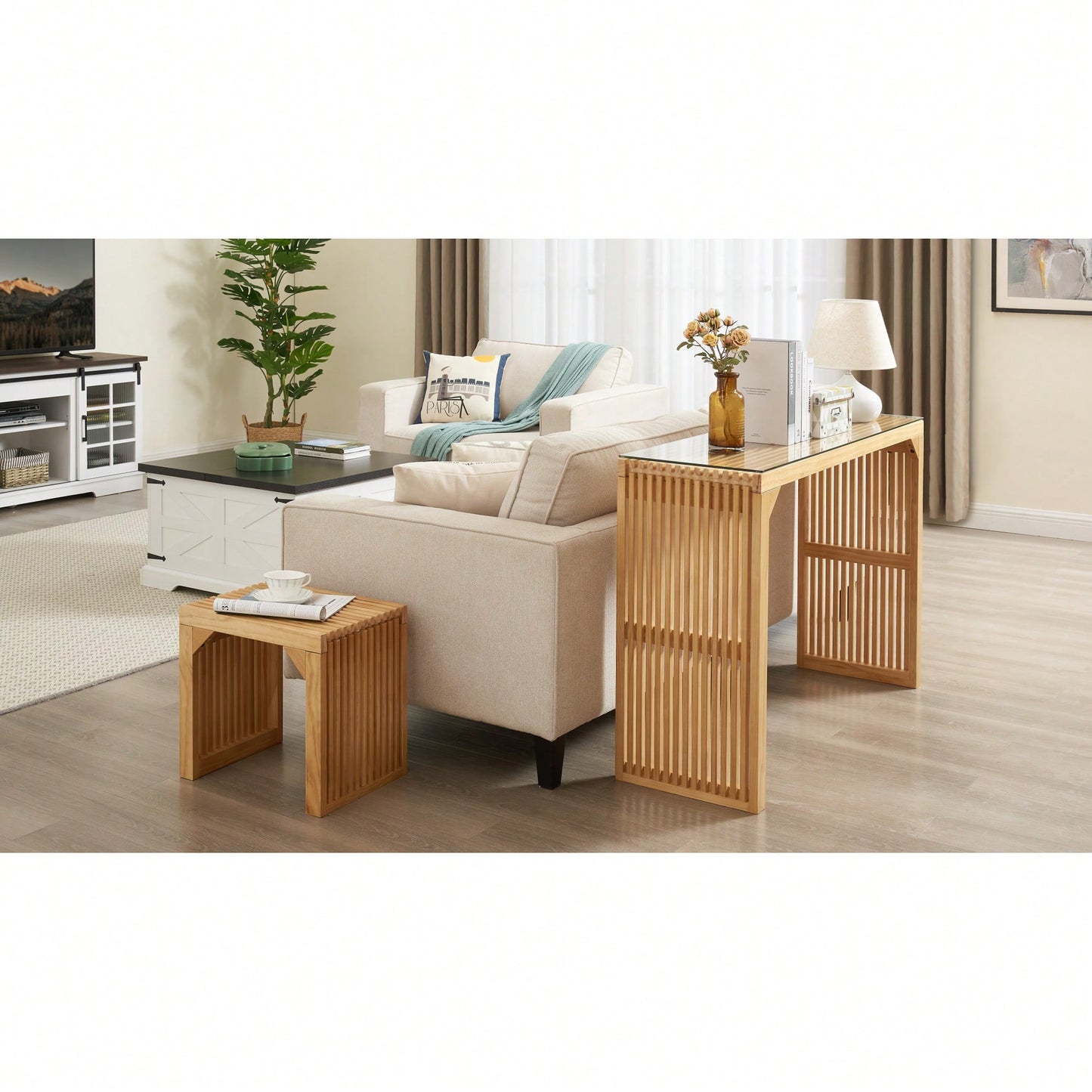 Multi-Functional Solid Pine Dining Bench And Table Set With Tempered Glass Top For Entryway Living Room Kitchen And Bedroom