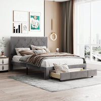 Velvet Upholstered Full Size Storage Platform Bed With Large Drawer In Grey