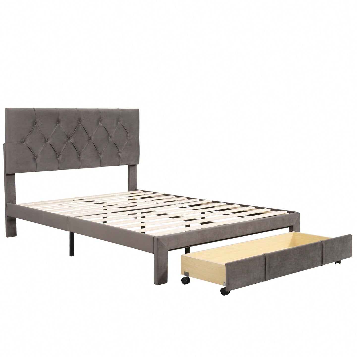 Velvet Upholstered Full Size Storage Platform Bed With Large Drawer In Grey