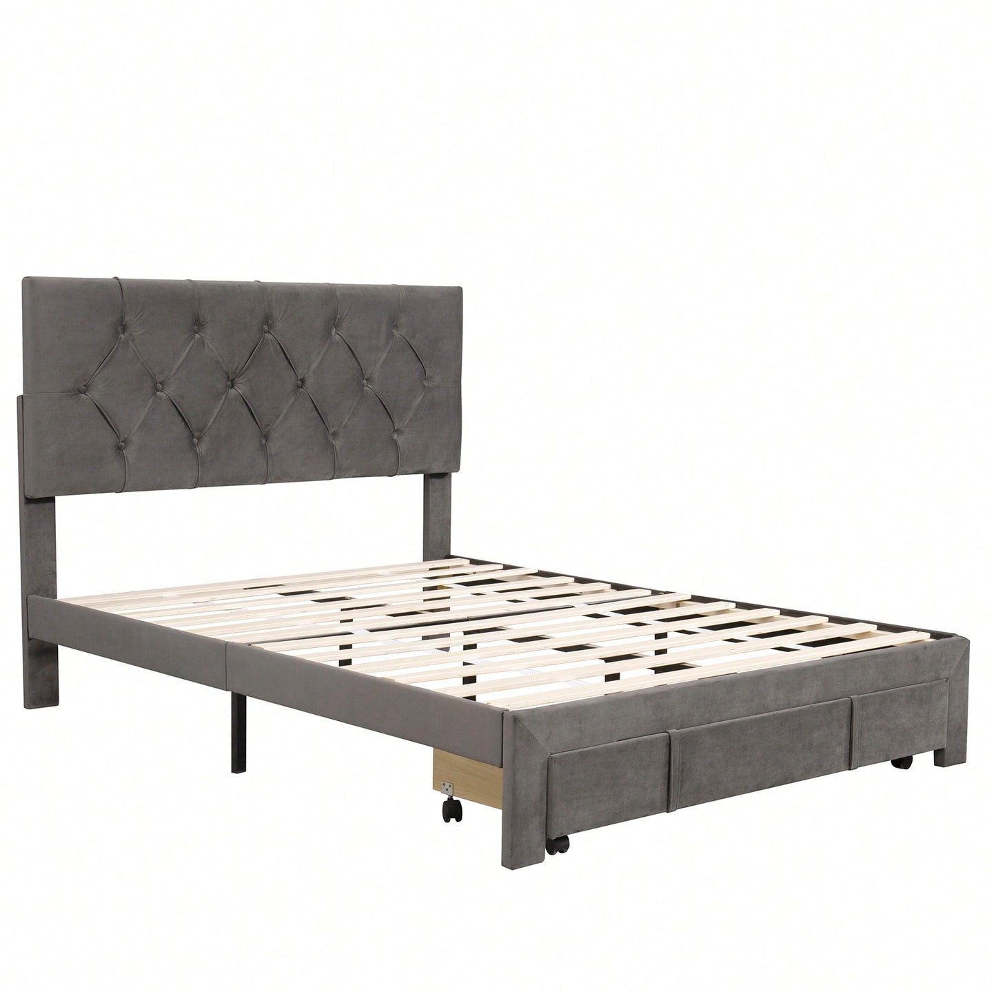 Velvet Upholstered Full Size Storage Platform Bed With Large Drawer In Grey