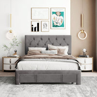 Velvet Upholstered Full Size Storage Platform Bed With Large Drawer In Grey