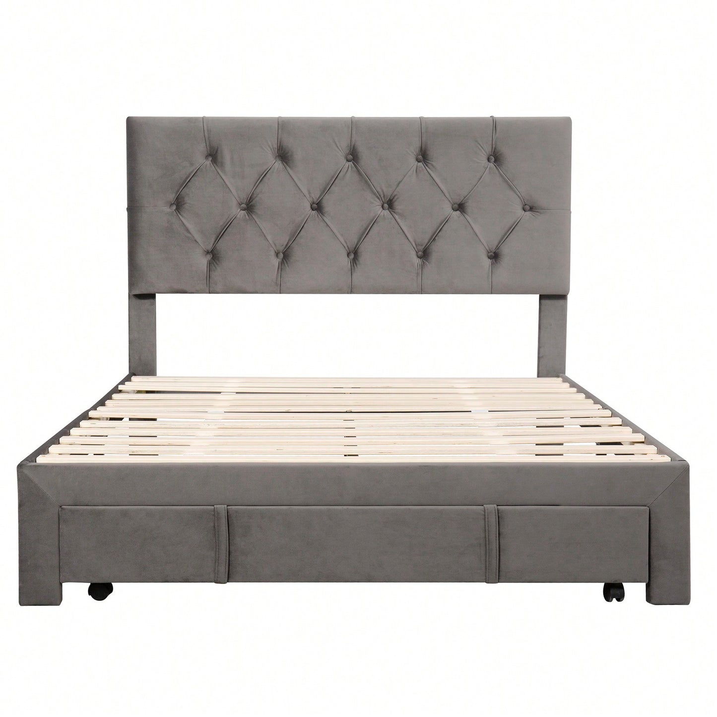 Velvet Upholstered Full Size Storage Platform Bed With Large Drawer In Grey