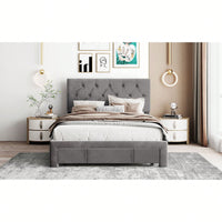 Velvet Upholstered Full Size Storage Platform Bed With Large Drawer In Grey