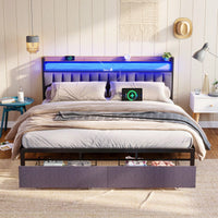 King Size Bed Frame With Storage Headboard And Drawers, LED Platform Bed With Charging Station, Easy Assembly, Noise-Free Design, Grey