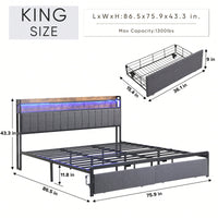 King Size Bed Frame With Storage Headboard And Drawers, LED Platform Bed With Charging Station, Easy Assembly, Noise-Free Design, Grey