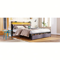 King Size Bed Frame With Storage Headboard And Drawers, LED Platform Bed With Charging Station, Easy Assembly, Noise-Free Design, Grey