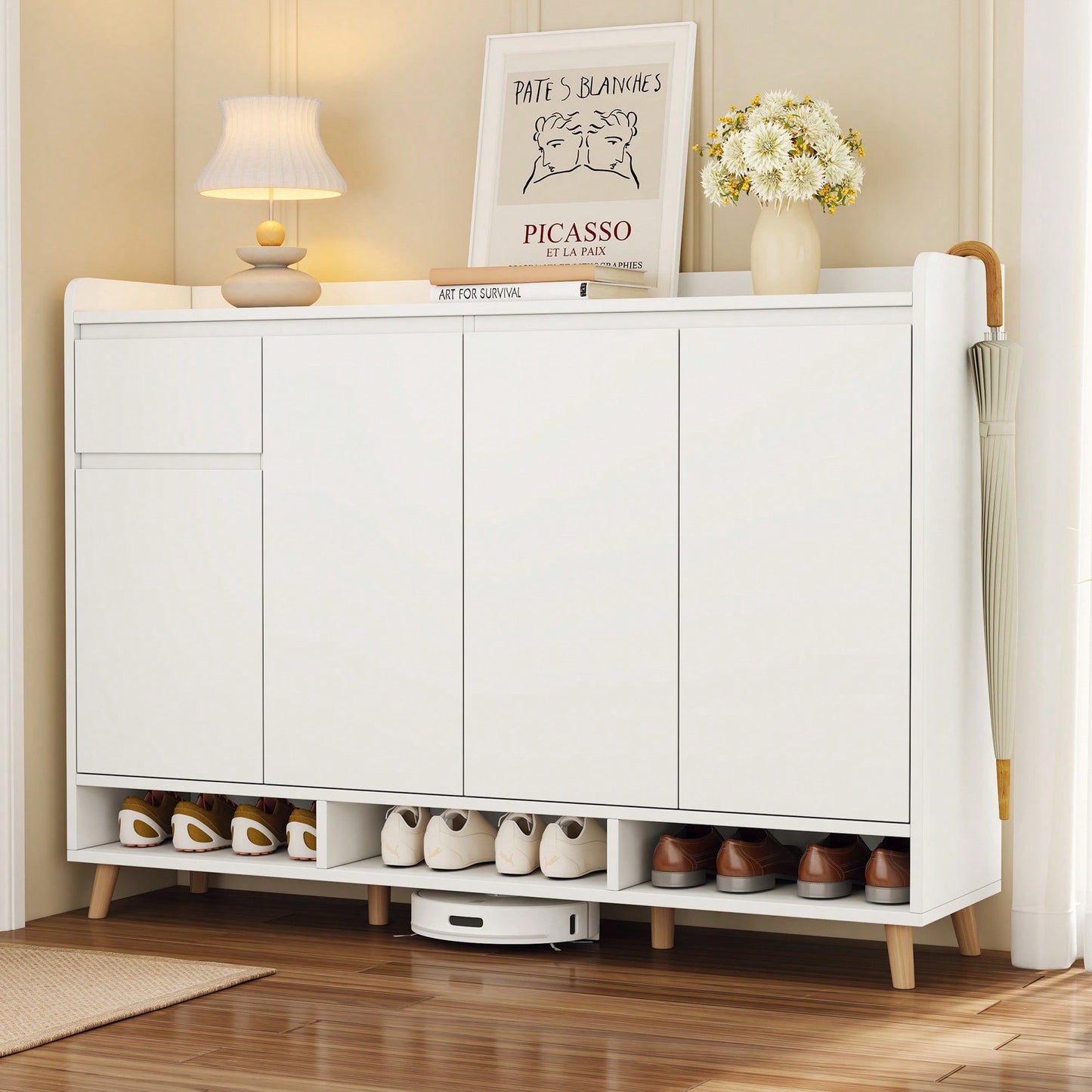 Sleek Contemporary Shoe Cabinet With Adjustable Shelves And Solid Wood Legs For Entryway And Living Room Storage