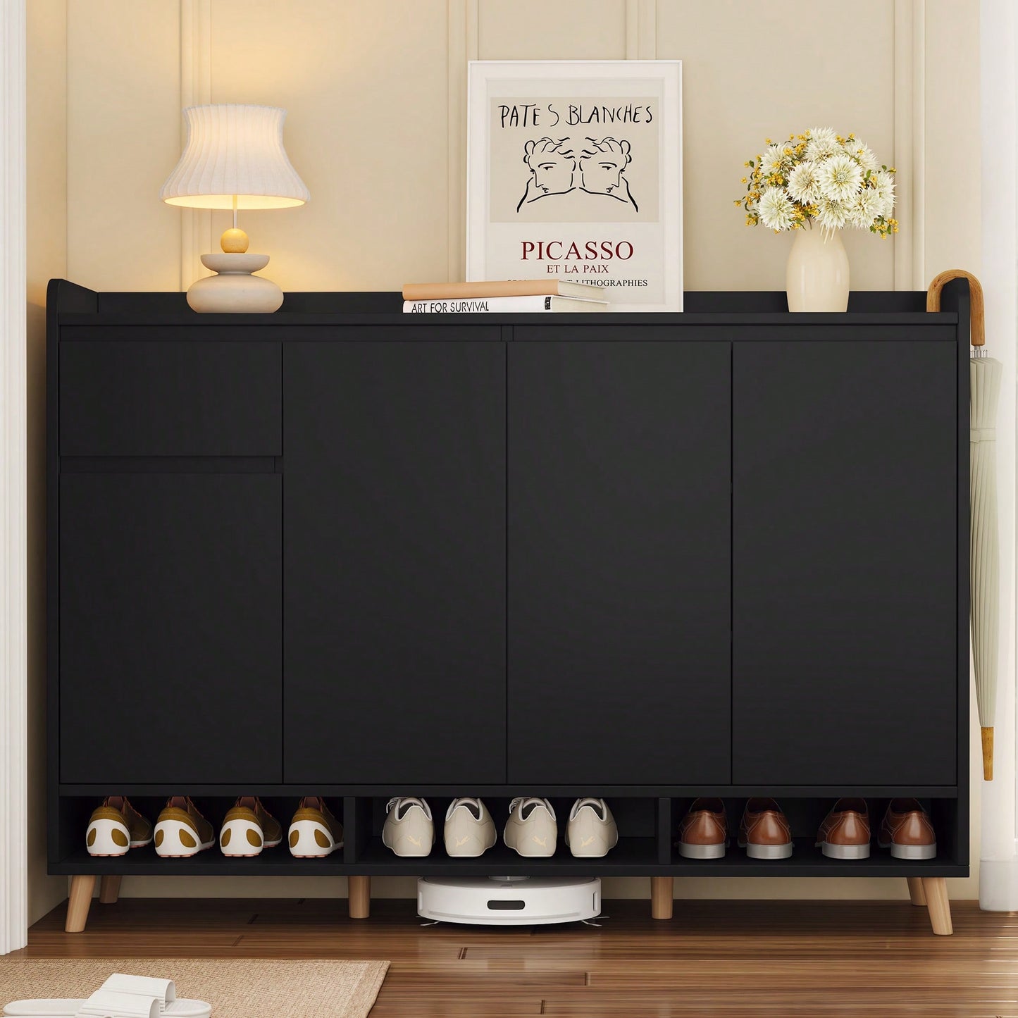 Sleek Contemporary Shoe Cabinet With Adjustable Shelves And Solid Wood Legs For Entryway And Living Room Storage