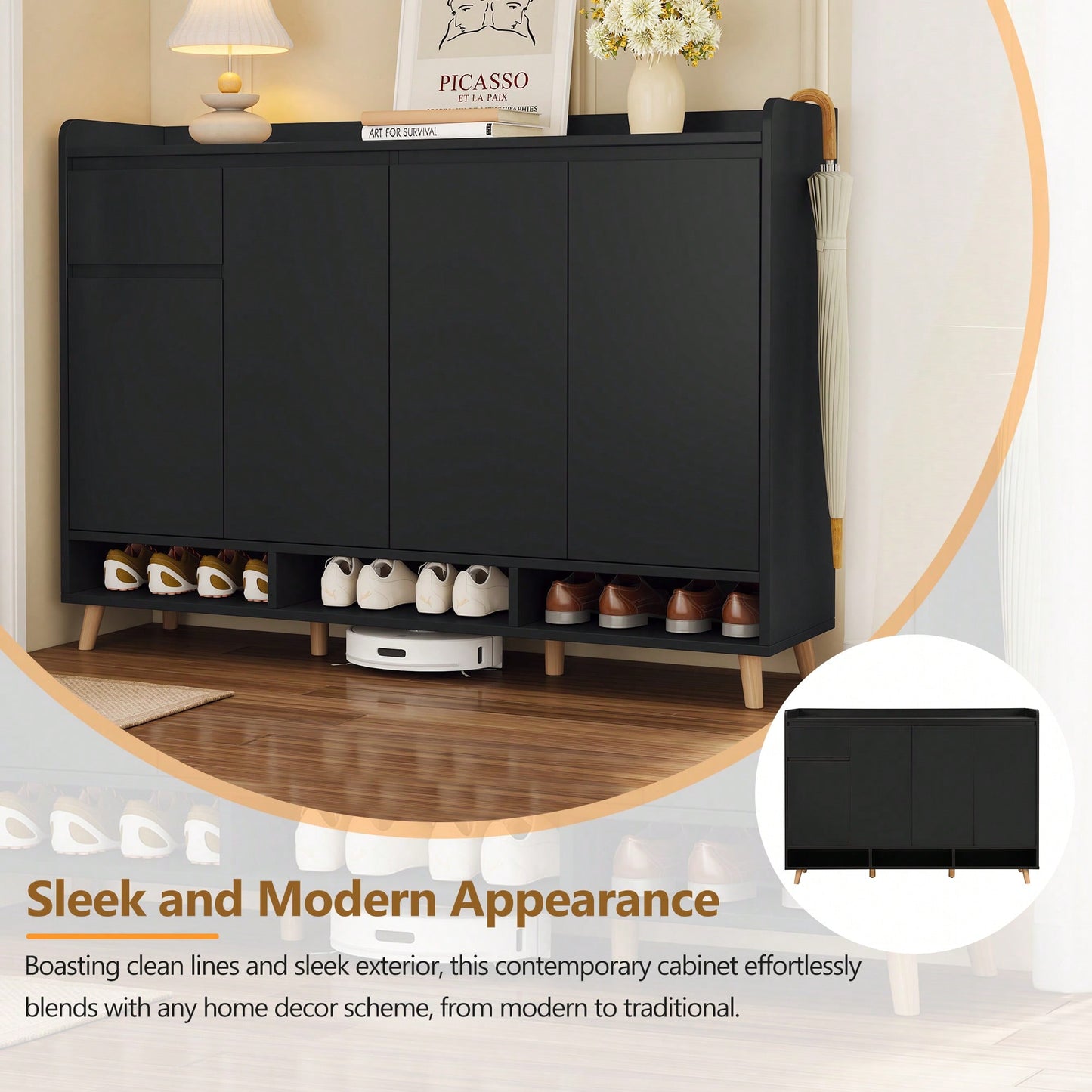 Sleek Contemporary Shoe Cabinet With Adjustable Shelves And Solid Wood Legs For Entryway And Living Room Storage