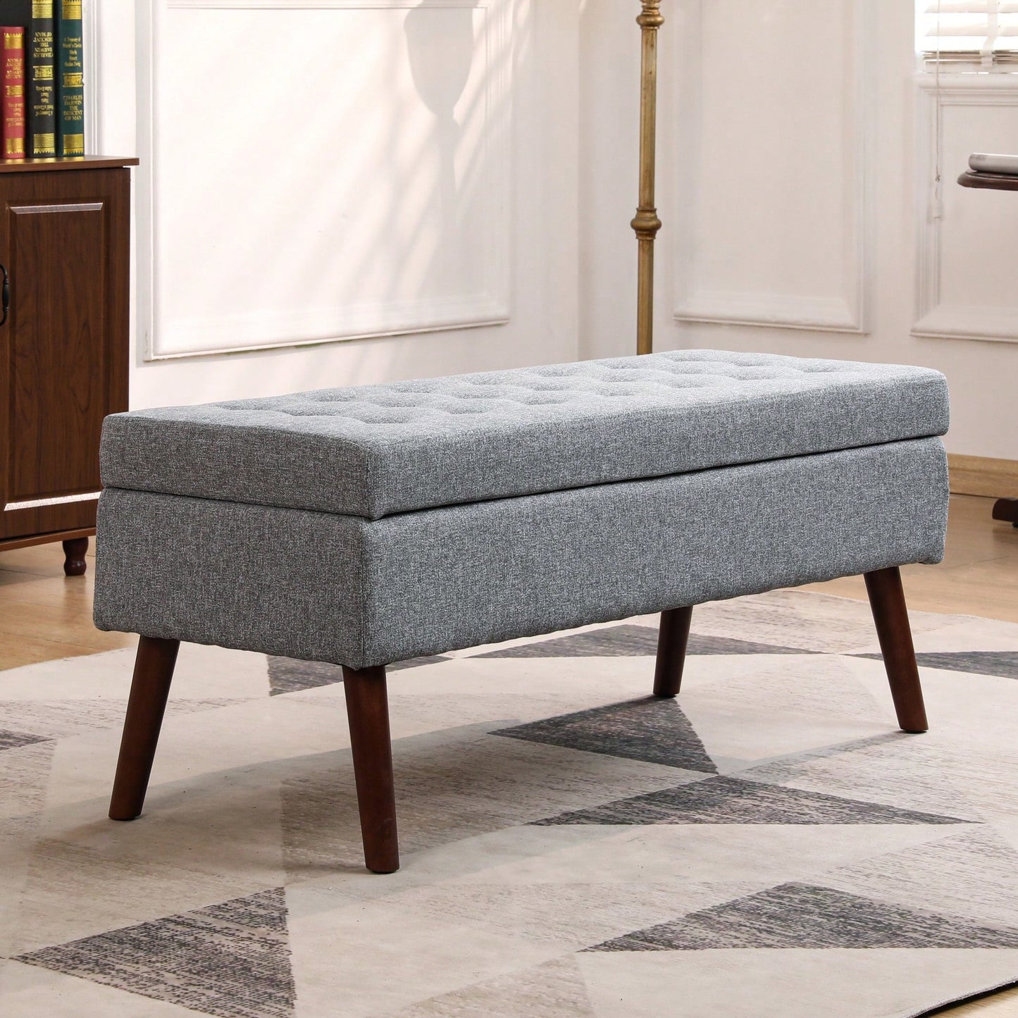 Grey Linen Storage Ottoman Bench For Bedroom Entryway Foot Of Bed With Tufted Design And Safety Hinge 43.7" W X 18.1" D