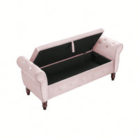 Velvet Multifunctional Storage Ottoman Bench With Crystal Buckle And Solid Wood Legs, Beige, Perfect For Living Room, Bedroom, And Hallway