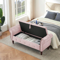 Velvet Multifunctional Storage Ottoman Bench With Crystal Buckle And Solid Wood Legs, Beige, Perfect For Living Room, Bedroom, And Hallway