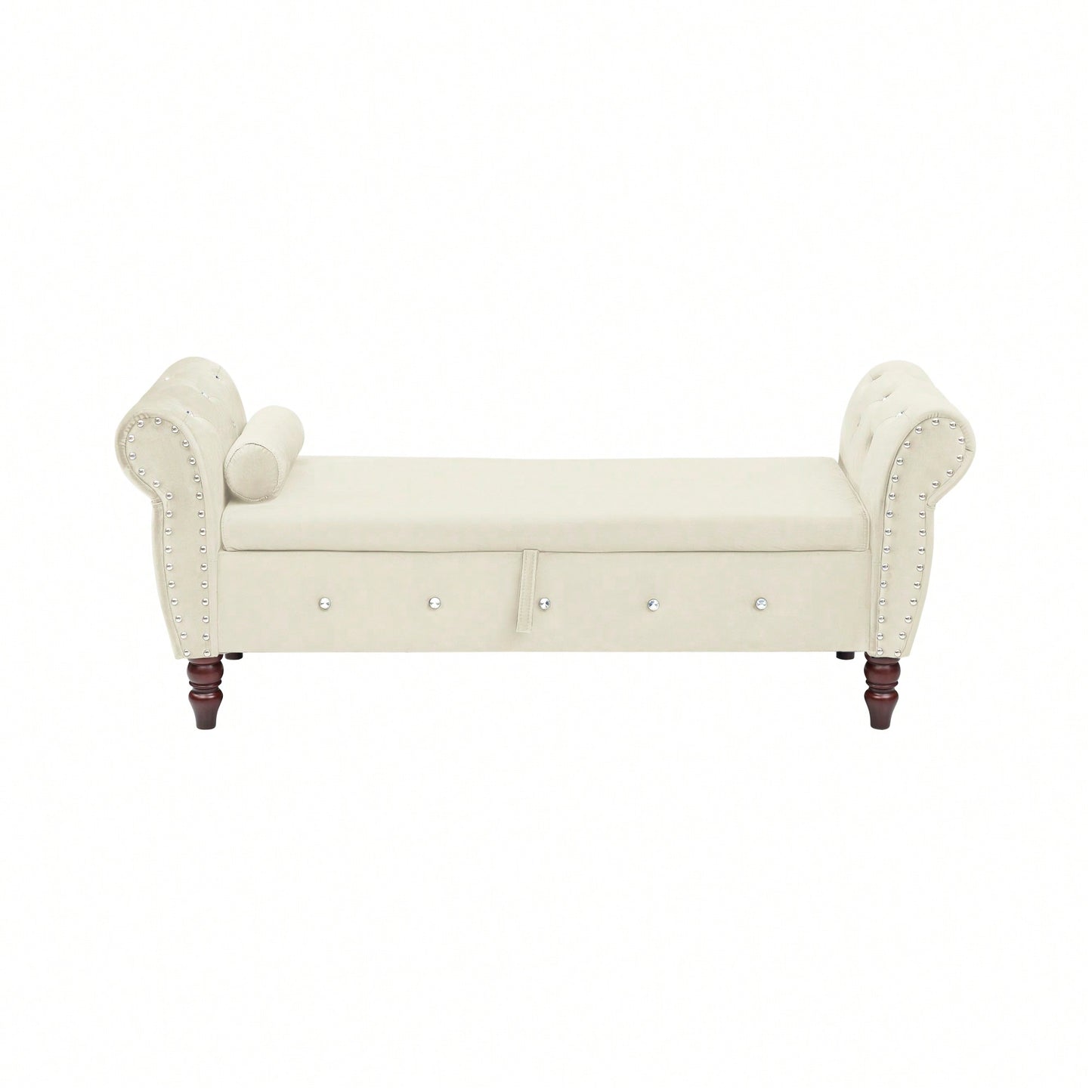 Velvet Multifunctional Storage Ottoman Bench With Crystal Buckle And Solid Wood Legs, Beige, Perfect For Living Room, Bedroom, And Hallway