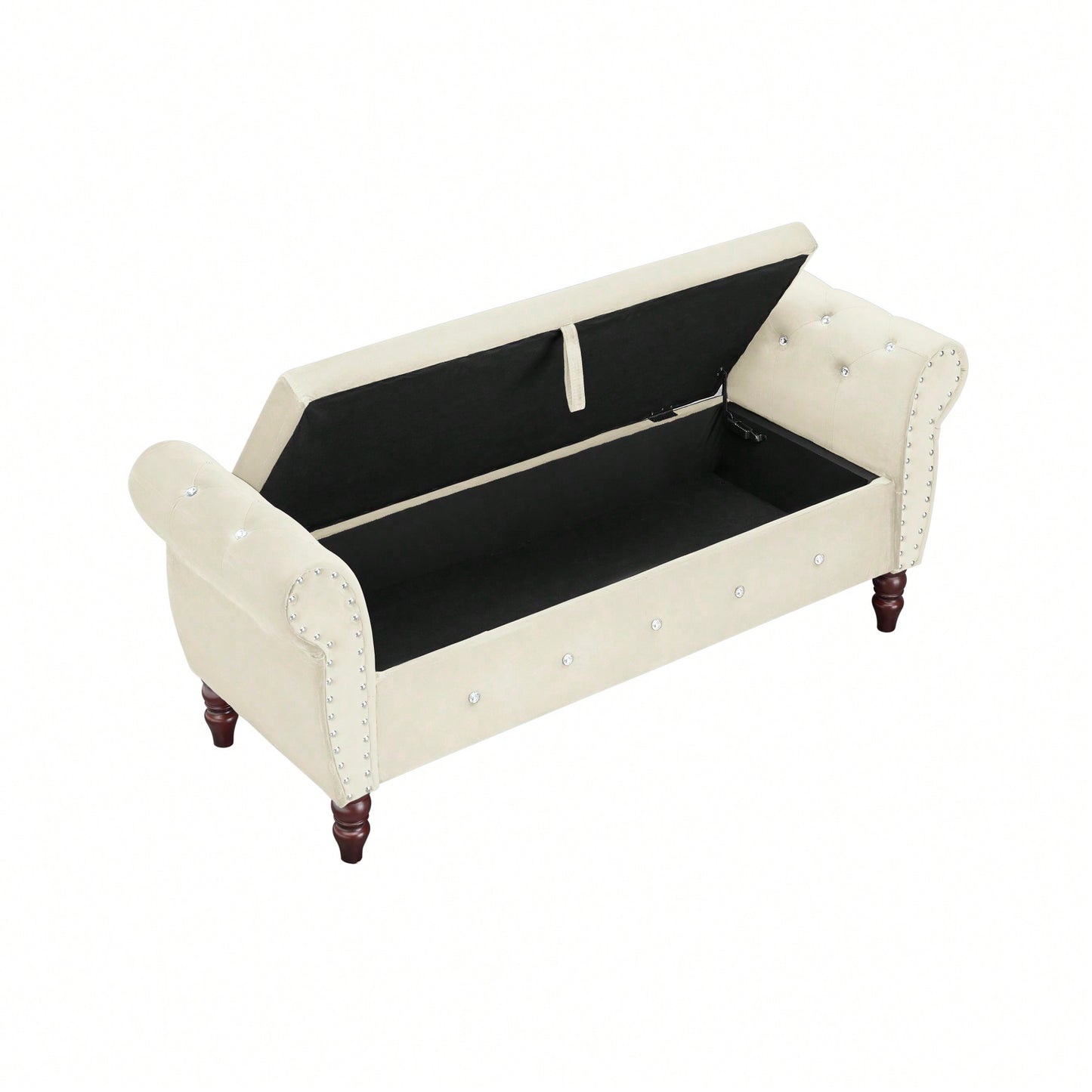 Velvet Multifunctional Storage Ottoman Bench With Crystal Buckle And Solid Wood Legs, Beige, Perfect For Living Room, Bedroom, And Hallway