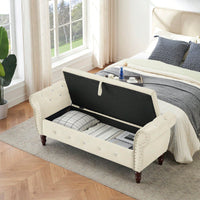 Velvet Multifunctional Storage Ottoman Bench With Crystal Buckle And Solid Wood Legs, Beige, Perfect For Living Room, Bedroom, And Hallway