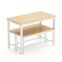 Industrial Style Dining Table Set with 2 Benches Natural White Finish Space-Saving Easy Assembly Durable Particleboard Steel