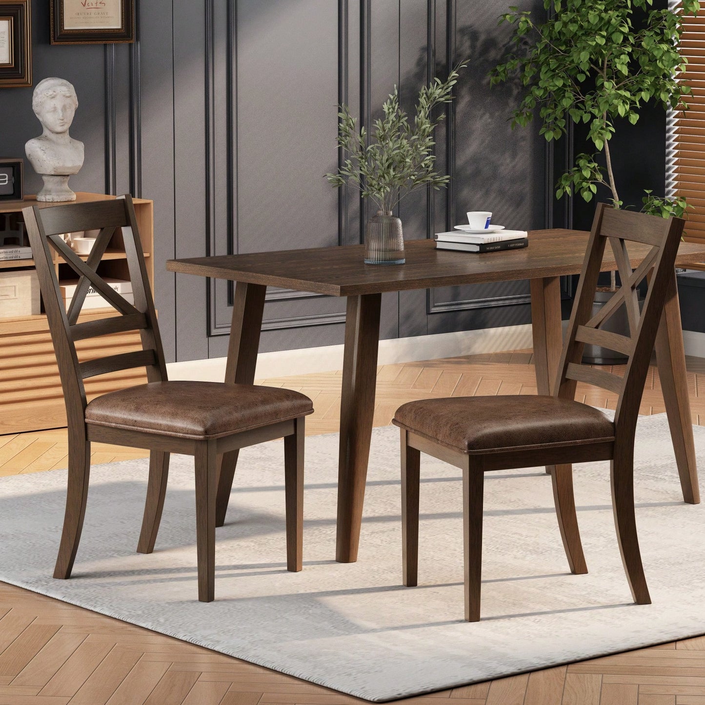 Set Of 2 Brown Cross Back Dining Chairs With PU Leather Cushion Comfortable Rubberwood Legs