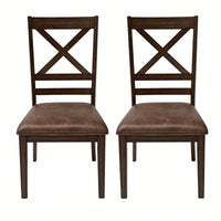 Set Of 2 Brown Cross Back Dining Chairs With PU Leather Cushion Comfortable Rubberwood Legs