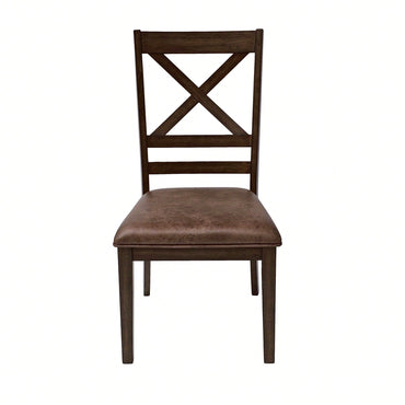 Set Of 2 Brown Cross Back Dining Chairs With PU Leather Cushion Comfortable Rubberwood Legs