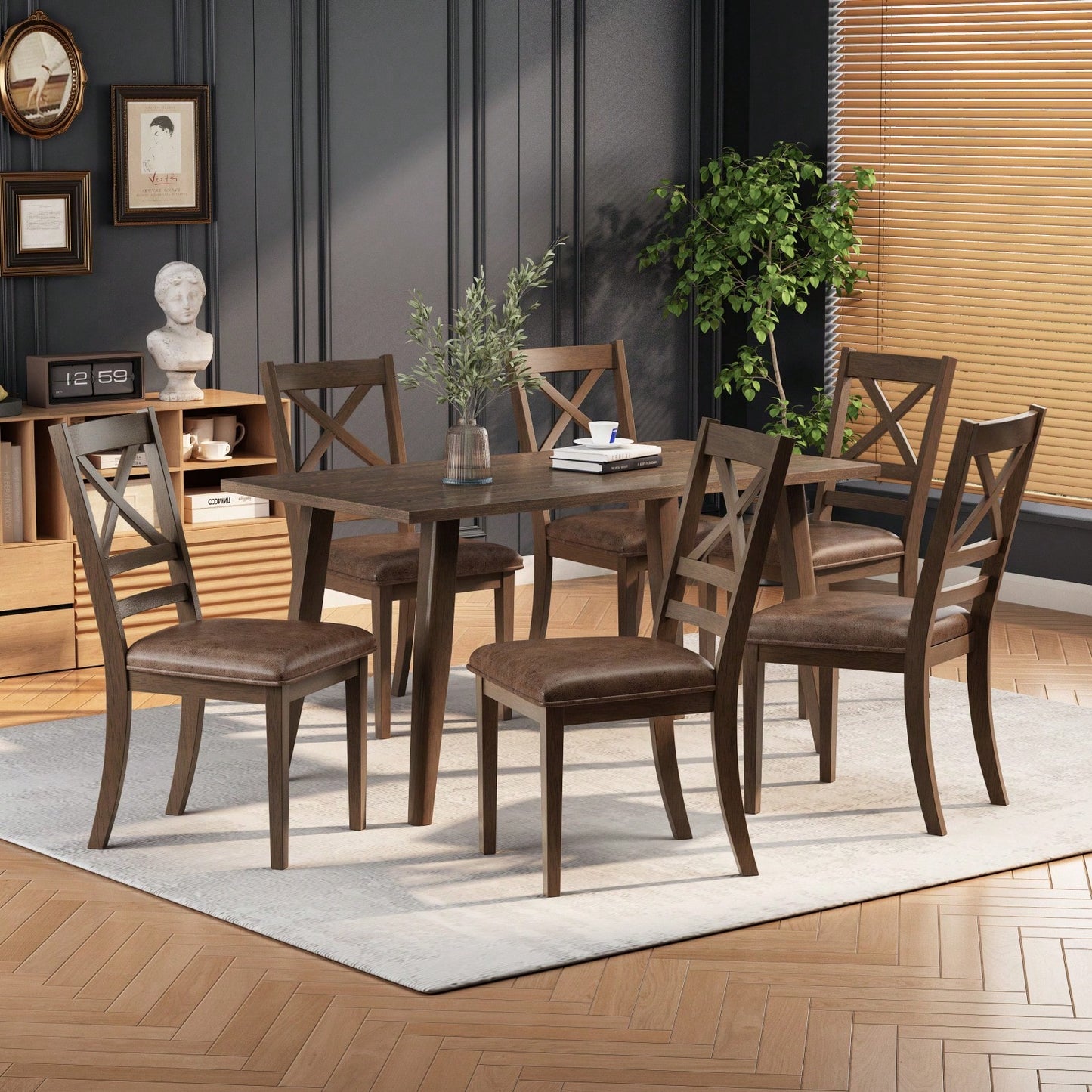 Set Of 2 Brown Cross Back Dining Chairs With PU Leather Cushion Comfortable Rubberwood Legs