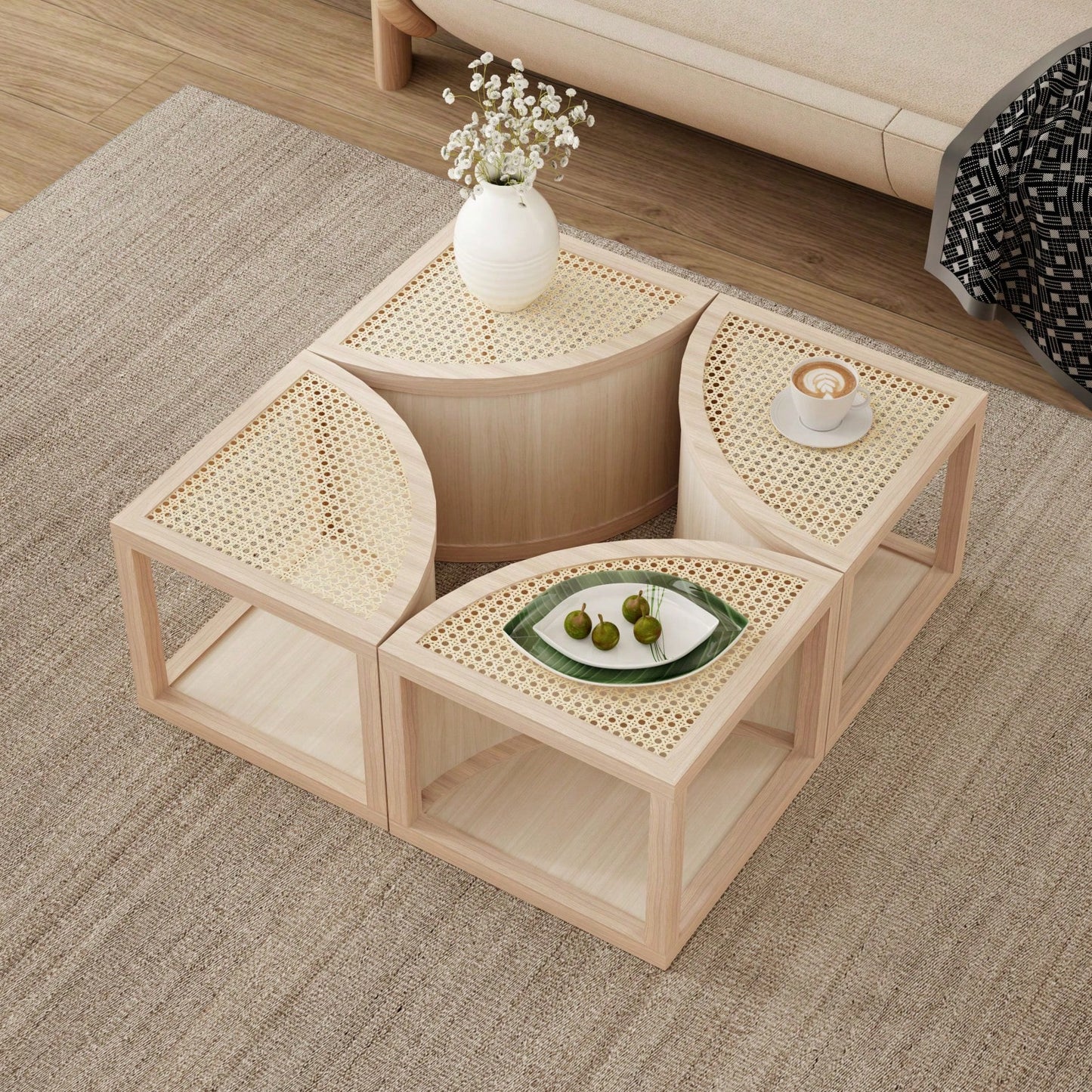 Modular Round To Square Coffee Table With Storage Light Natural Rattan And Wood 4 Piece Set