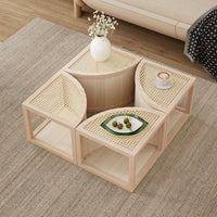 Modular Round To Square Coffee Table With Storage Light Natural Rattan And Wood 4 Piece Set