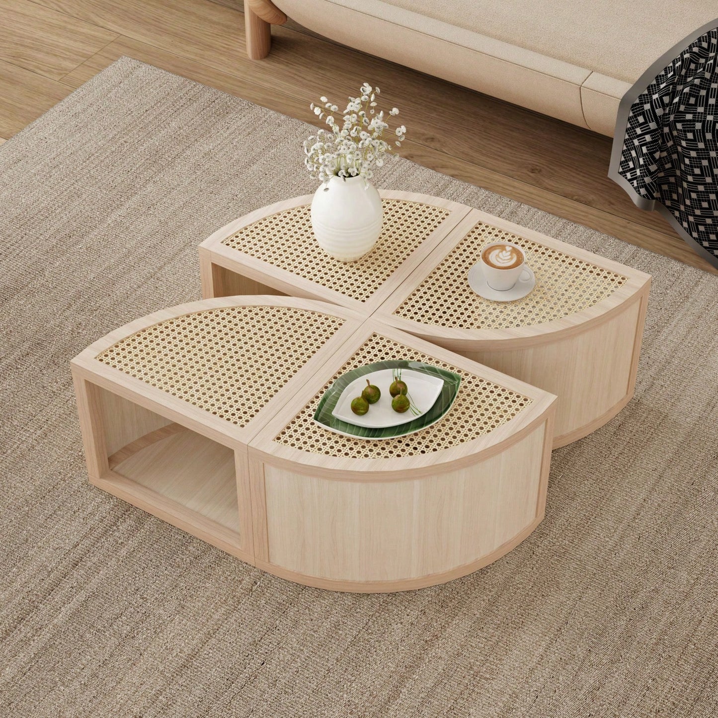 Modular Round To Square Coffee Table With Storage Light Natural Rattan And Wood 4 Piece Set